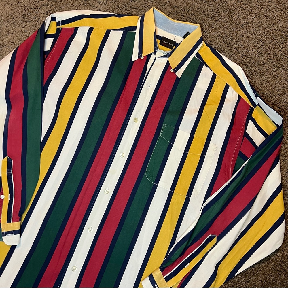 Vintage Structure vibrant striped 100% Cotton button down Shirt size medium M34